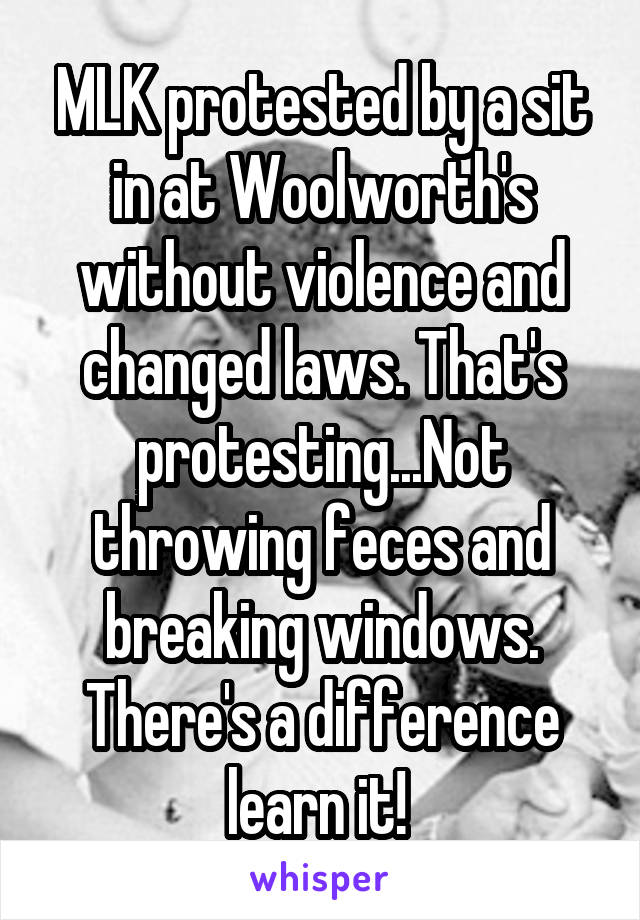 MLK protested by a sit in at Woolworth's without violence and changed laws. That's protesting...Not throwing feces and breaking windows. There's a difference learn it! 