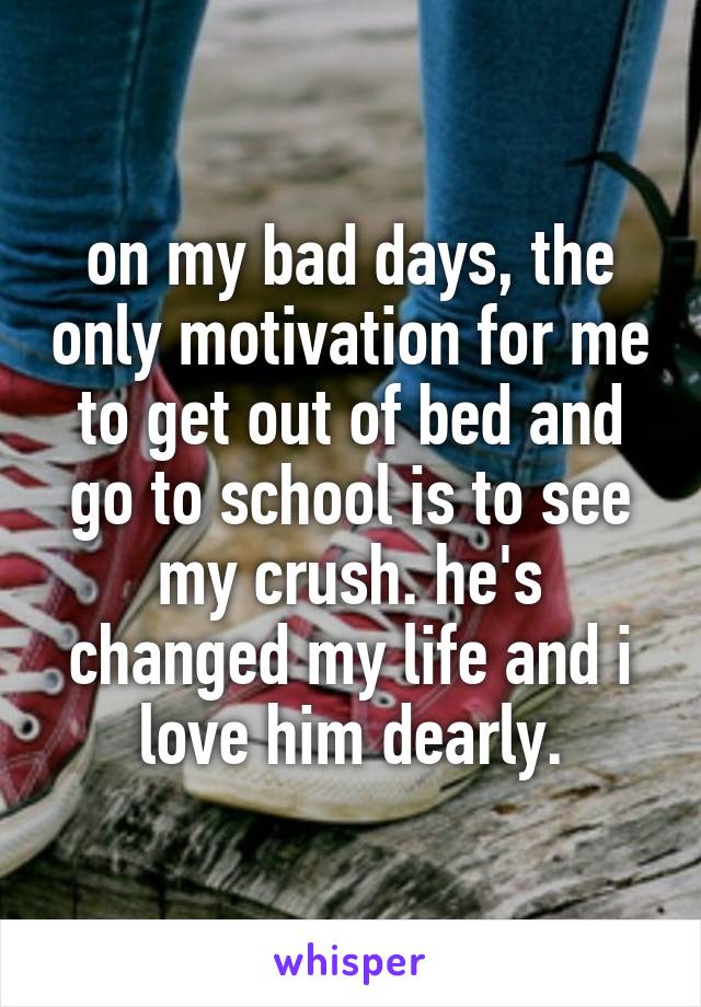 on my bad days, the only motivation for me to get out of bed and go to school is to see my crush. he's changed my life and i love him dearly.