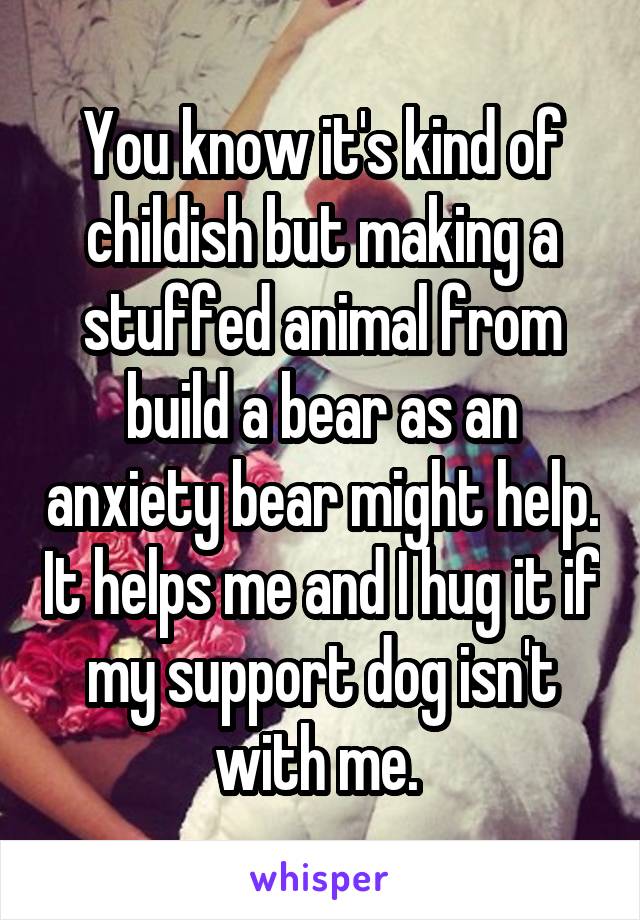 You know it's kind of childish but making a stuffed animal from build a bear as an anxiety bear might help. It helps me and I hug it if my support dog isn't with me. 