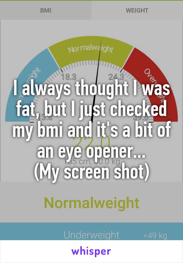 I always thought I was fat, but I just checked my bmi and it's a bit of an eye opener...
(My screen shot)