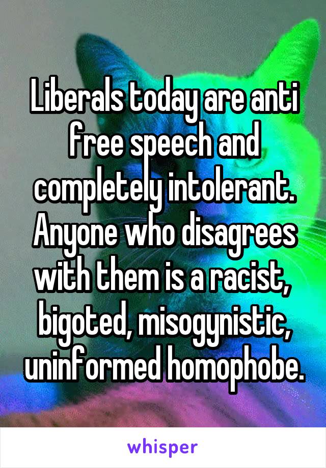 Liberals today are anti free speech and completely intolerant. Anyone who disagrees with them is a racist,  bigoted, misogynistic, uninformed homophobe.