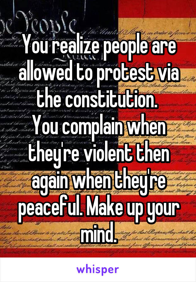 You realize people are allowed to protest via the constitution. 
You complain when they're violent then again when they're peaceful. Make up your mind.