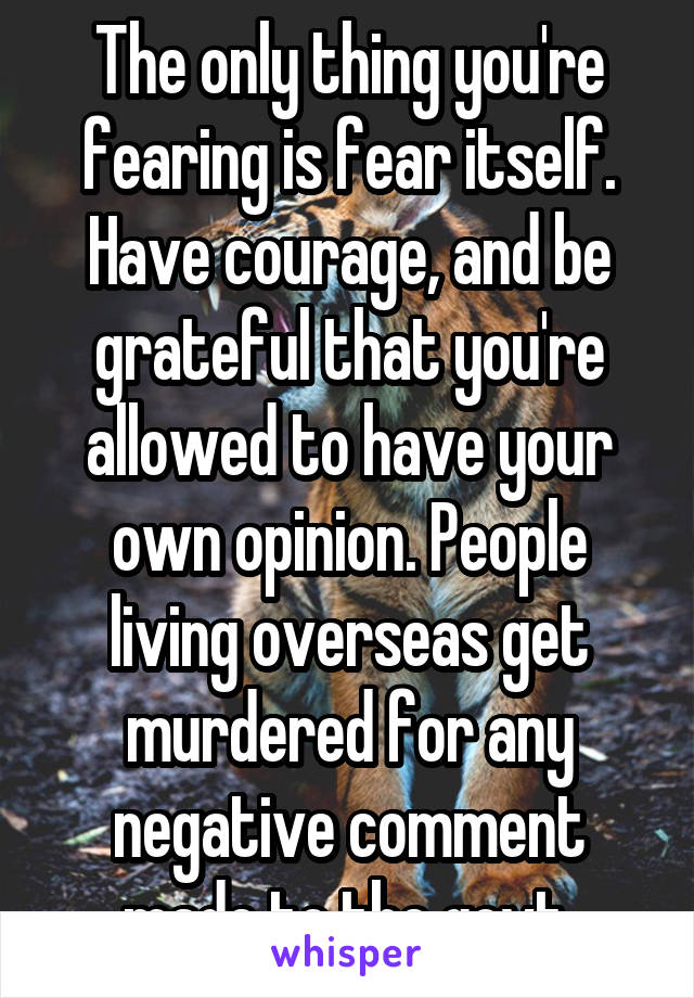 The only thing you're fearing is fear itself. Have courage, and be grateful that you're allowed to have your own opinion. People living overseas get murdered for any negative comment made to the govt.