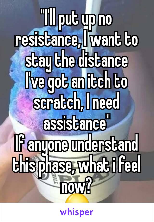 "I'll put up no resistance, I want to stay the distance
I've got an itch to scratch, I need assistance"
If anyone understand this phase, what i feel now?
😳