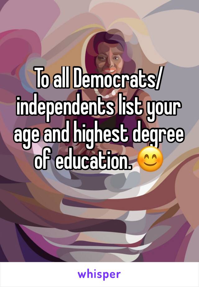 To all Democrats/ independents list your age and highest degree of education. 😊