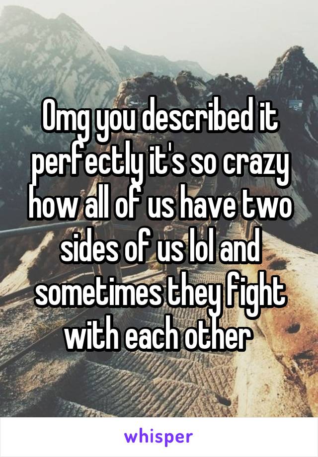 Omg you described it perfectly it's so crazy how all of us have two sides of us lol and sometimes they fight with each other 