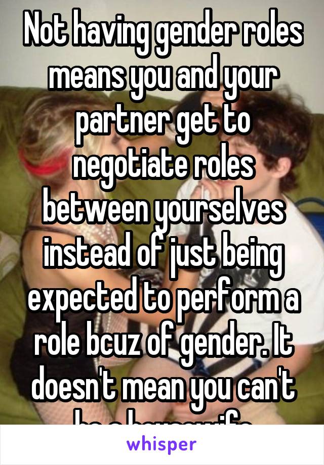 Not having gender roles means you and your partner get to negotiate roles between yourselves instead of just being expected to perform a role bcuz of gender. It doesn't mean you can't be a housewife