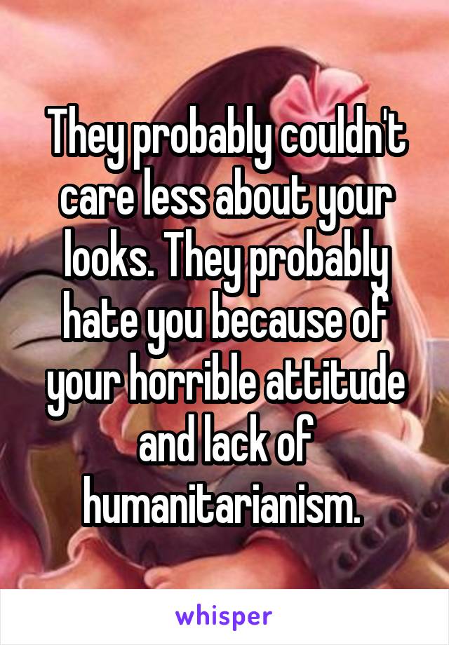 They probably couldn't care less about your looks. They probably hate you because of your horrible attitude and lack of humanitarianism. 