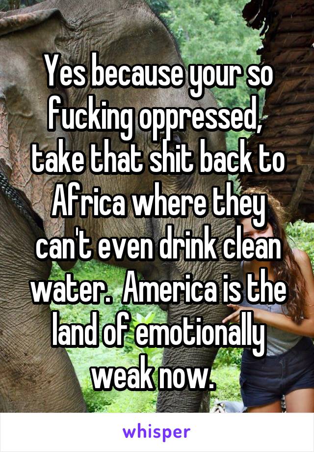 Yes because your so fucking oppressed,  take that shit back to Africa where they can't even drink clean water.  America is the land of emotionally weak now.  