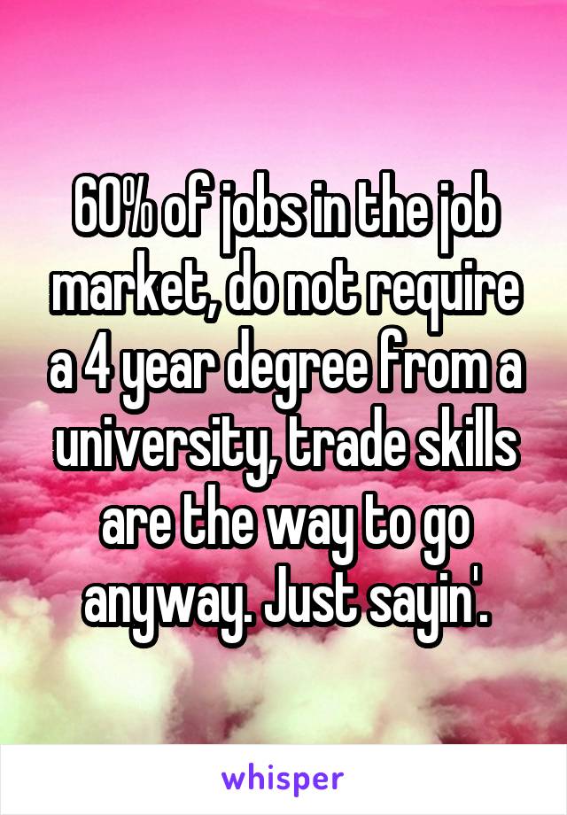 60% of jobs in the job market, do not require a 4 year degree from a university, trade skills are the way to go anyway. Just sayin'.