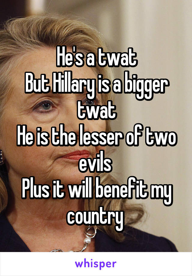 He's a twat
But Hillary is a bigger twat
He is the lesser of two evils 
Plus it will benefit my country 