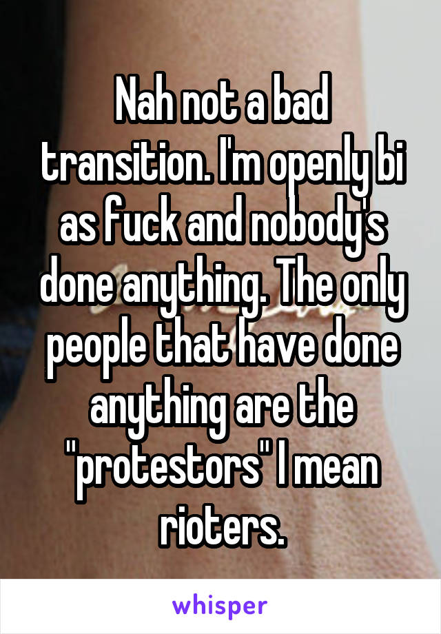 Nah not a bad transition. I'm openly bi as fuck and nobody's done anything. The only people that have done anything are the "protestors" I mean rioters.