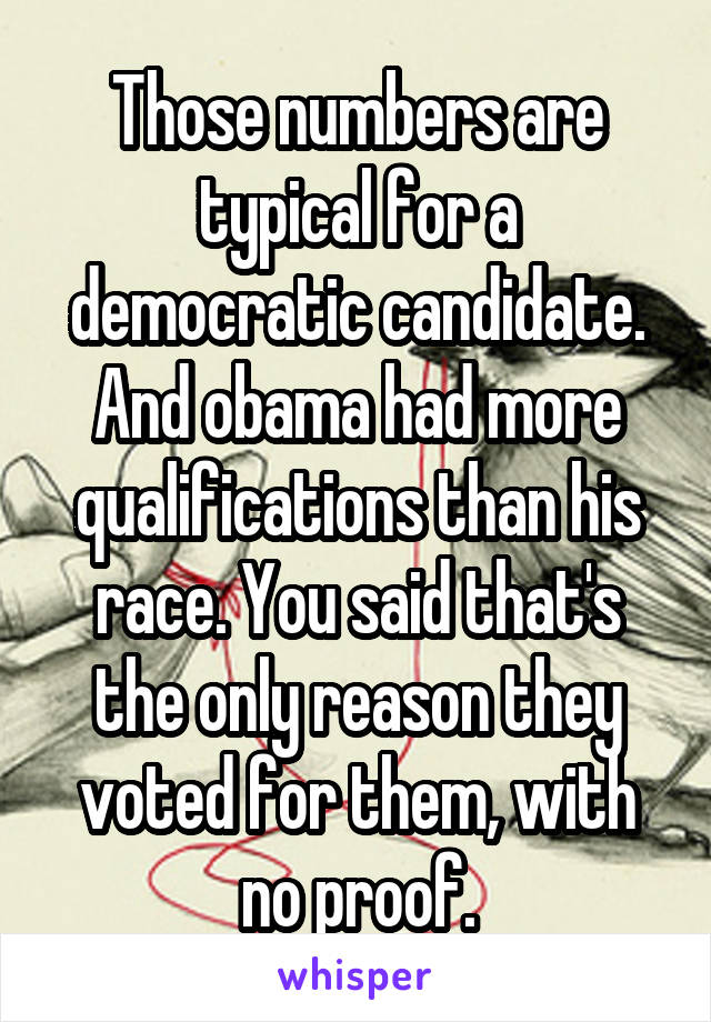 Those numbers are typical for a democratic candidate. And obama had more qualifications than his race. You said that's the only reason they voted for them, with no proof.