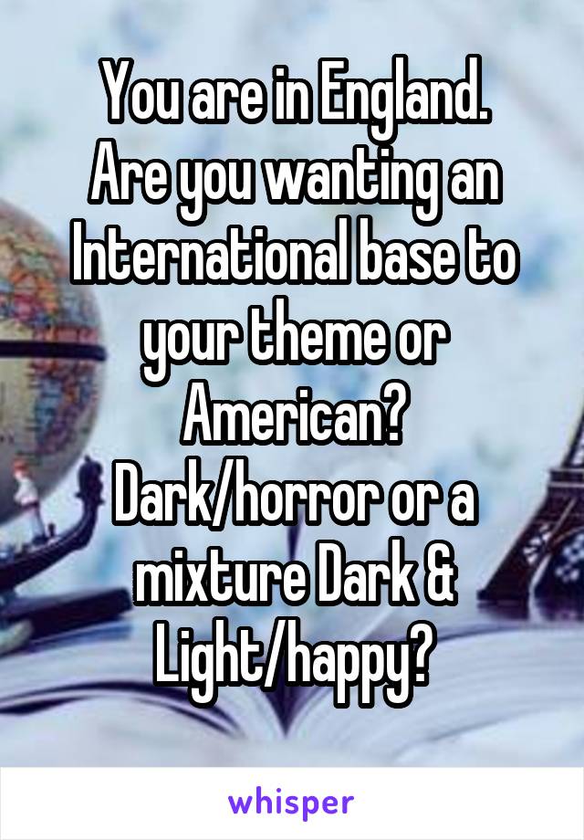 You are in England.
Are you wanting an International base to your theme or American?
Dark/horror or a mixture Dark & Light/happy?
