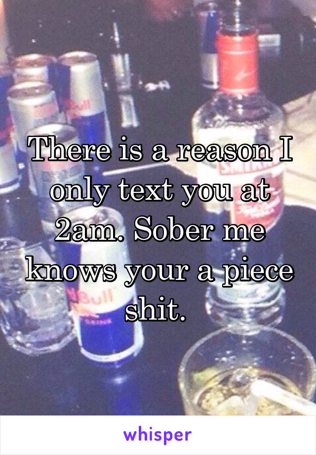 There is a reason I only text you at 2am. Sober me knows your a piece shit. 