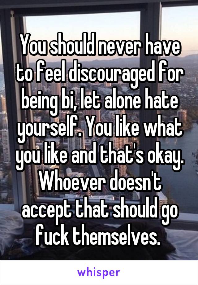 You should never have to feel discouraged for being bi, let alone hate yourself. You like what you like and that's okay. Whoever doesn't accept that should go fuck themselves. 