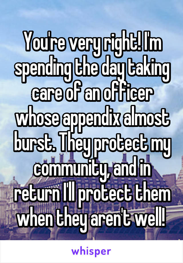 You're very right! I'm spending the day taking care of an officer whose appendix almost burst. They protect my community, and in return I'll protect them when they aren't well! 