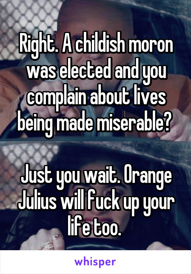 Right. A childish moron was elected and you complain about lives being made miserable? 

Just you wait. Orange Julius will fuck up your life too. 