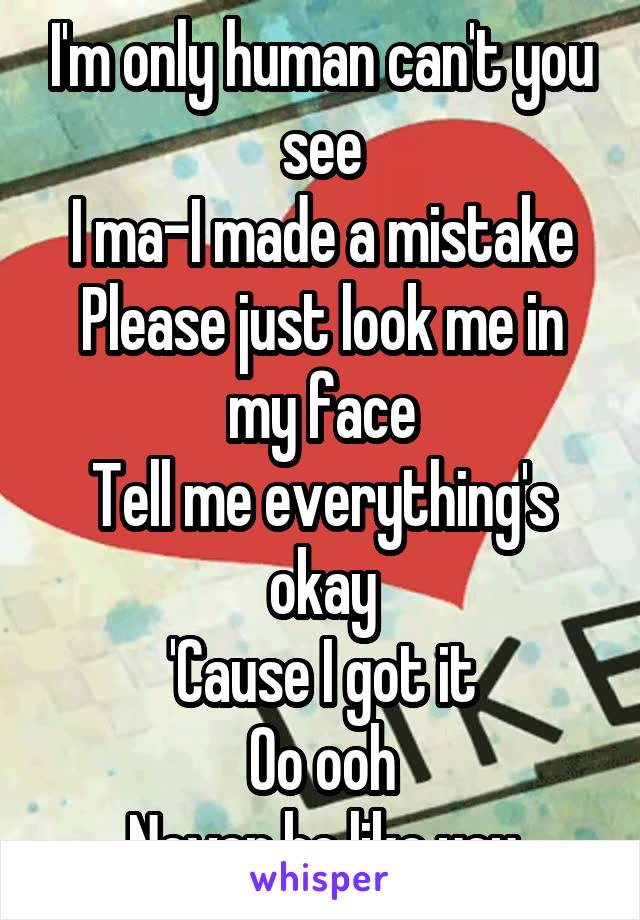 I'm only human can't you see
I ma-I made a mistake
Please just look me in my face
Tell me everything's okay
'Cause I got it
Oo ooh
Never be like you