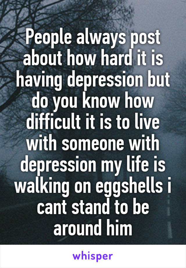 People always post about how hard it is having depression but do you know how difficult it is to live with someone with depression my life is walking on eggshells i cant stand to be around him