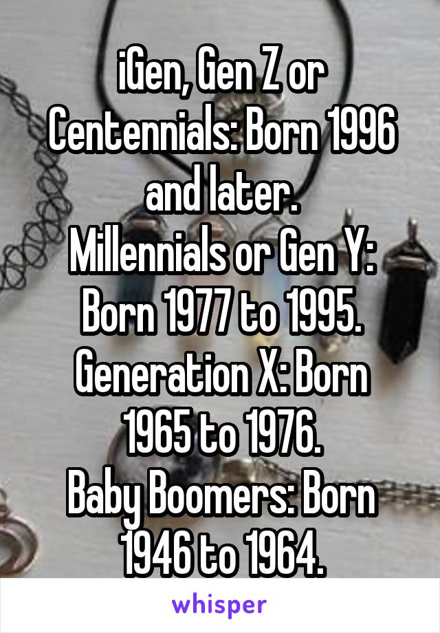 iGen, Gen Z or Centennials: Born 1996 and later.
Millennials or Gen Y: Born 1977 to 1995.
Generation X: Born 1965 to 1976.
Baby Boomers: Born 1946 to 1964.