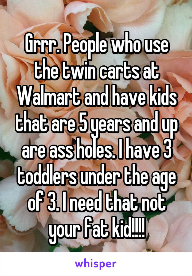 Grrr. People who use the twin carts at Walmart and have kids that are 5 years and up are ass holes. I have 3 toddlers under the age of 3. I need that not your fat kid!!!!