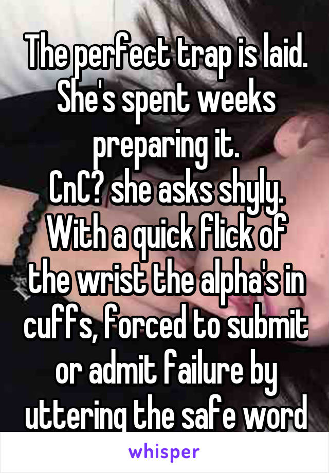 The perfect trap is laid.
She's spent weeks preparing it.
CnC? she asks shyly.
With a quick flick of the wrist the alpha's in cuffs, forced to submit or admit failure by uttering the safe word