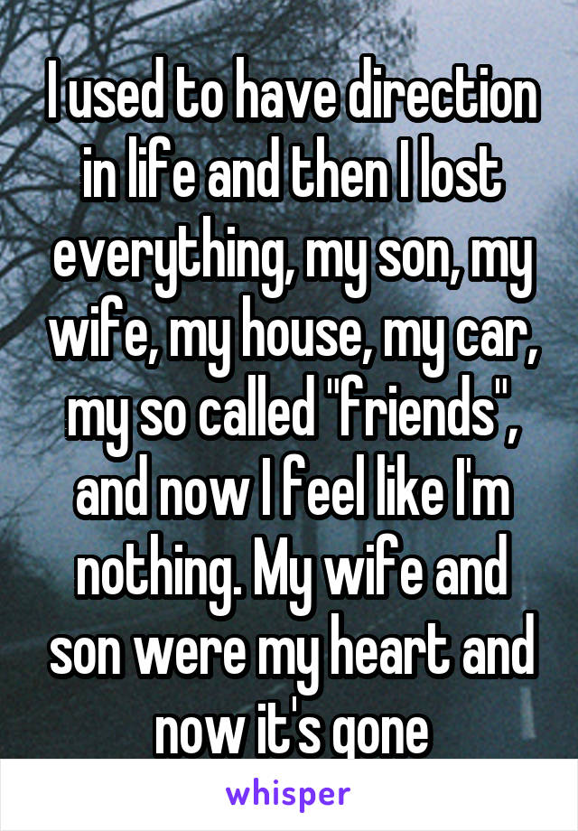 I used to have direction in life and then I lost everything, my son, my wife, my house, my car, my so called "friends", and now I feel like I'm nothing. My wife and son were my heart and now it's gone