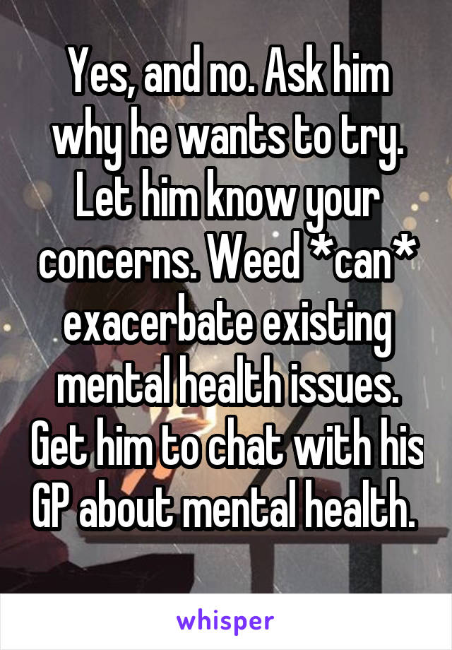 Yes, and no. Ask him why he wants to try. Let him know your concerns. Weed *can* exacerbate existing mental health issues. Get him to chat with his GP about mental health.  