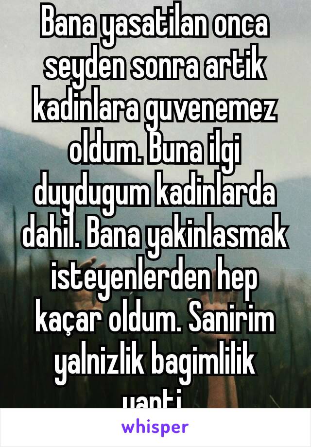 Bana yasatilan onca seyden sonra artik kadinlara guvenemez oldum. Buna ilgi duydugum kadinlarda dahil. Bana yakinlasmak isteyenlerden hep kaçar oldum. Sanirim yalnizlik bagimlilik yapti.