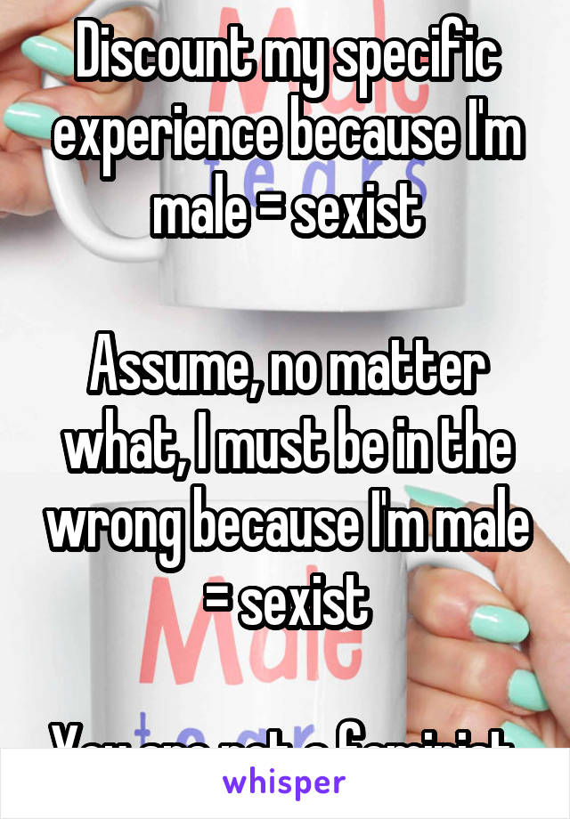 Discount my specific experience because I'm male = sexist

Assume, no matter what, I must be in the wrong because I'm male = sexist

You are not a feminist.