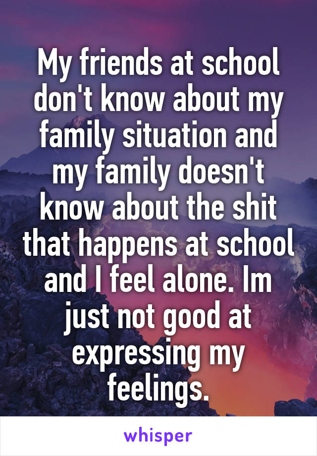 My friends at school don't know about my family situation and my family doesn't know about the shit that happens at school and I feel alone. Im just not good at expressing my feelings.