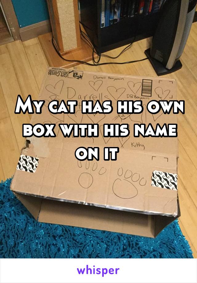 My cat has his own box with his name on it 
