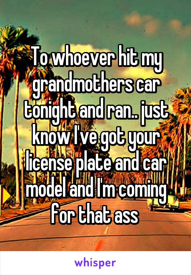 To whoever hit my grandmothers car tonight and ran.. just know I've got your license plate and car model and I'm coming for that ass 