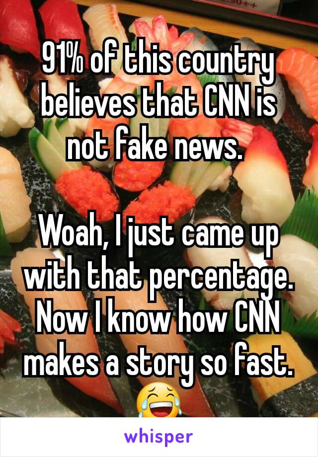 91% of this country believes that CNN is not fake news. 

Woah, I just came up with that percentage. Now I know how CNN makes a story so fast. 😂