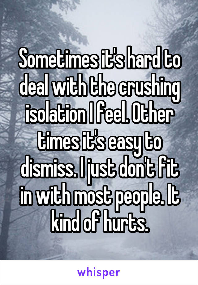 Sometimes it's hard to deal with the crushing isolation I feel. Other times it's easy to dismiss. I just don't fit in with most people. It kind of hurts.