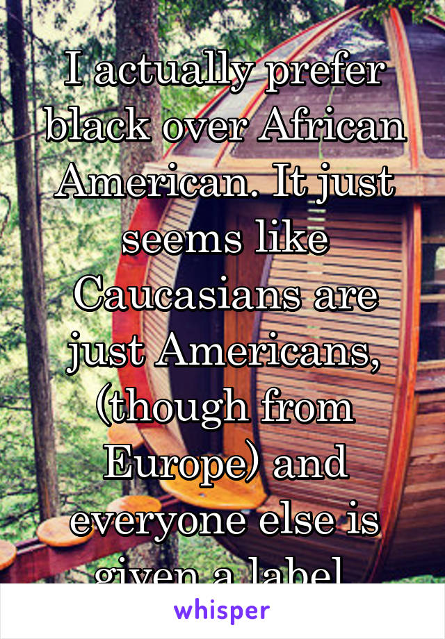 I actually prefer black over African American. It just seems like Caucasians are just Americans, (though from Europe) and everyone else is given a label.