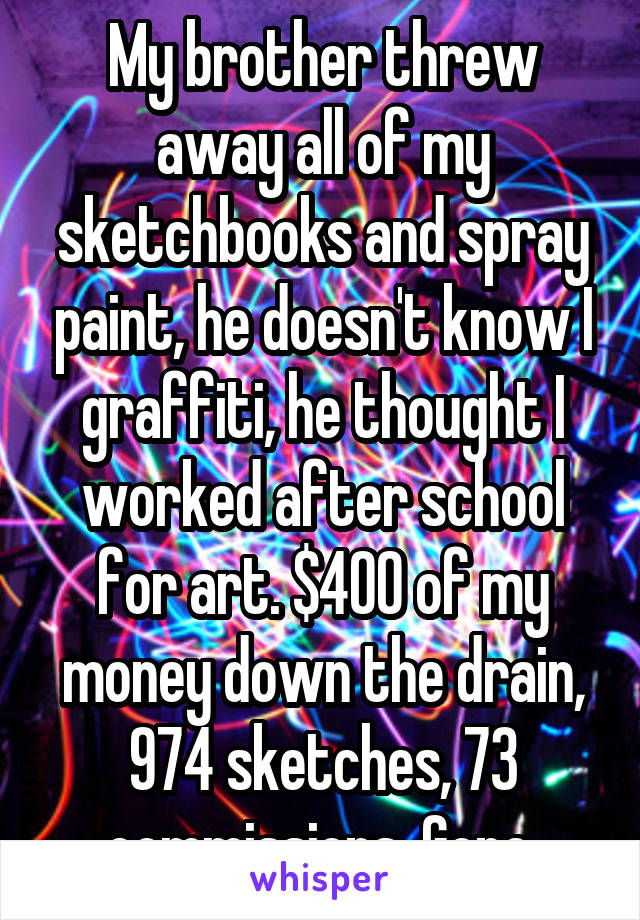 My brother threw away all of my sketchbooks and spray paint, he doesn't know I graffiti, he thought I worked after school for art. $400 of my money down the drain, 974 sketches, 73 commissions. Gone.