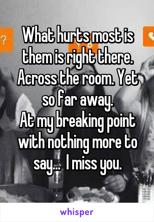 What hurts most is them is right there. Across the room. Yet so far away.
At my breaking point with nothing more to say...  I miss you.
