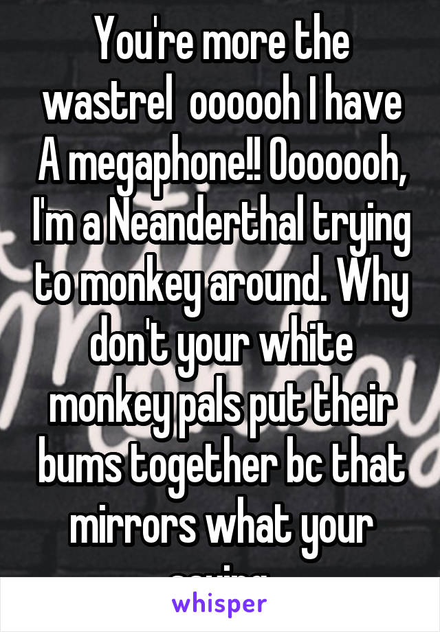 You're more the wastrel  oooooh I have A megaphone!! Ooooooh, I'm a Neanderthal trying to monkey around. Why don't your white monkey pals put their bums together bc that mirrors what your saying.