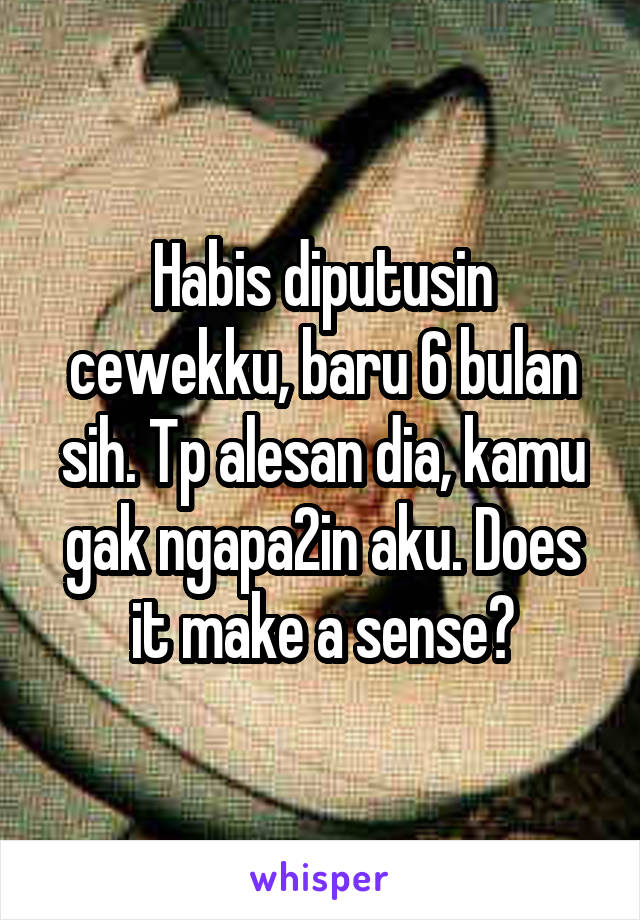 Habis diputusin cewekku, baru 6 bulan sih. Tp alesan dia, kamu gak ngapa2in aku. Does it make a sense?