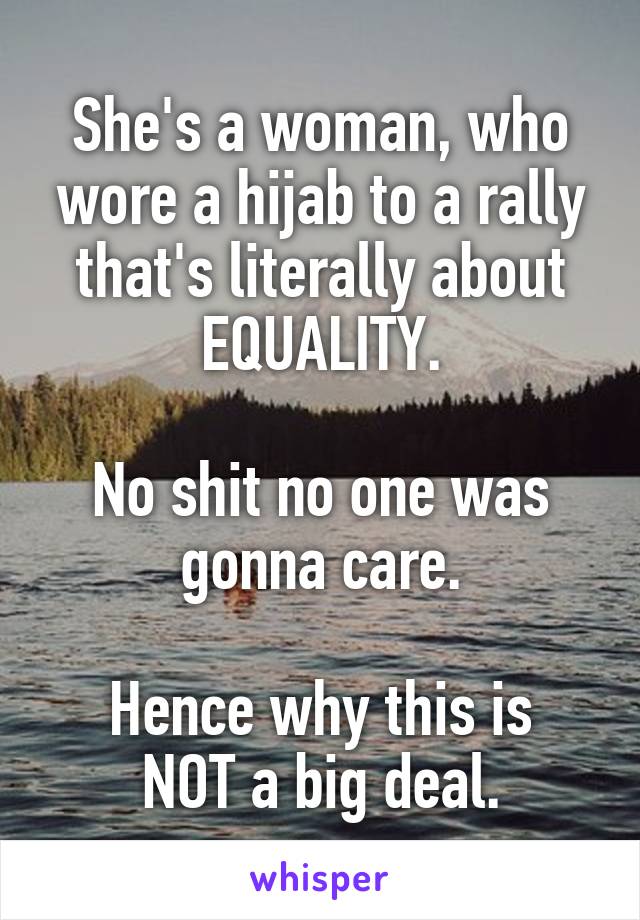 She's a woman, who wore a hijab to a rally that's literally about EQUALITY.

No shit no one was gonna care.

Hence why this is NOT a big deal.