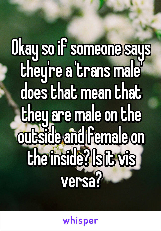 Okay so if someone says they're a 'trans male' does that mean that they are male on the outside and female on the inside? Is it vis versa?