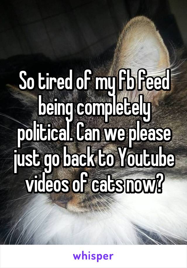 So tired of my fb feed being completely political. Can we please just go back to Youtube videos of cats now?