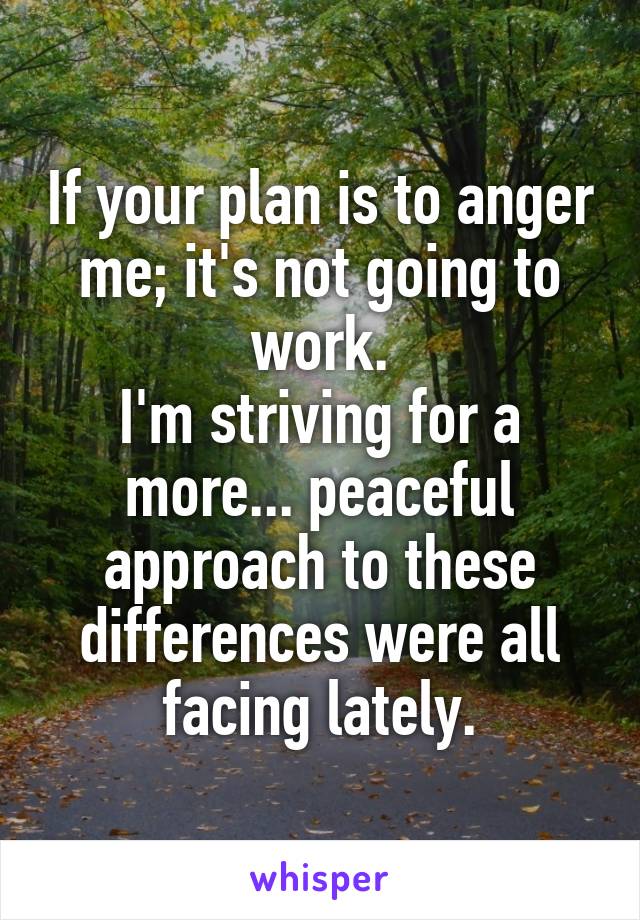 If your plan is to anger me; it's not going to work.
I'm striving for a more... peaceful approach to these differences were all facing lately.