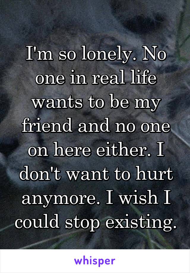 I'm so lonely. No one in real life wants to be my friend and no one on here either. I don't want to hurt anymore. I wish I could stop existing.