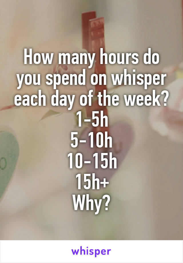 How many hours do you spend on whisper each day of the week?
1-5h
5-10h
10-15h
15h+
Why?