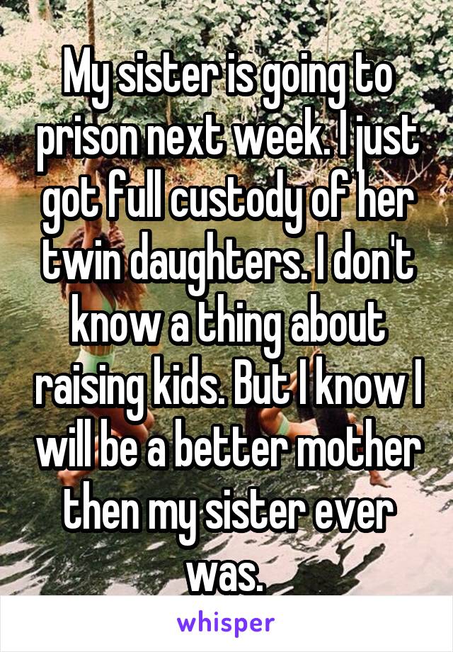 My sister is going to prison next week. I just got full custody of her twin daughters. I don't know a thing about raising kids. But I know I will be a better mother then my sister ever was. 