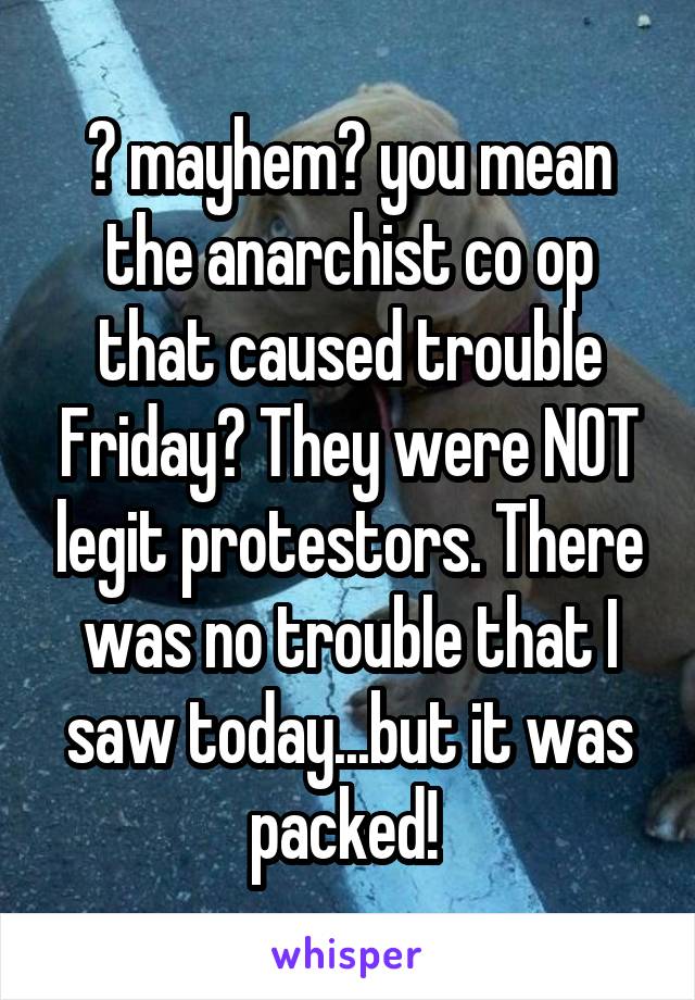 ? mayhem? you mean the anarchist co op that caused trouble Friday? They were NOT legit protestors. There was no trouble that I saw today...but it was packed! 