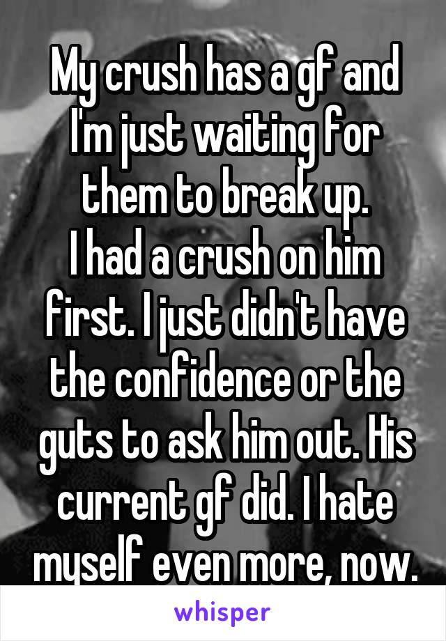 My crush has a gf and I'm just waiting for them to break up.
I had a crush on him first. I just didn't have the confidence or the guts to ask him out. His current gf did. I hate myself even more, now.